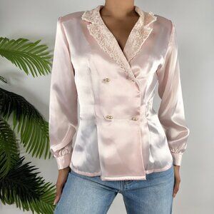 Vintage 80s Worthington Light Pink Satin Blouse Lace Trim Double-Breasted / 6P